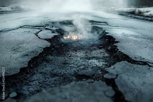 Cracked asphalt road caused by underground pipe explosion during winter, steam rising and snow around the crater, urban setting photo