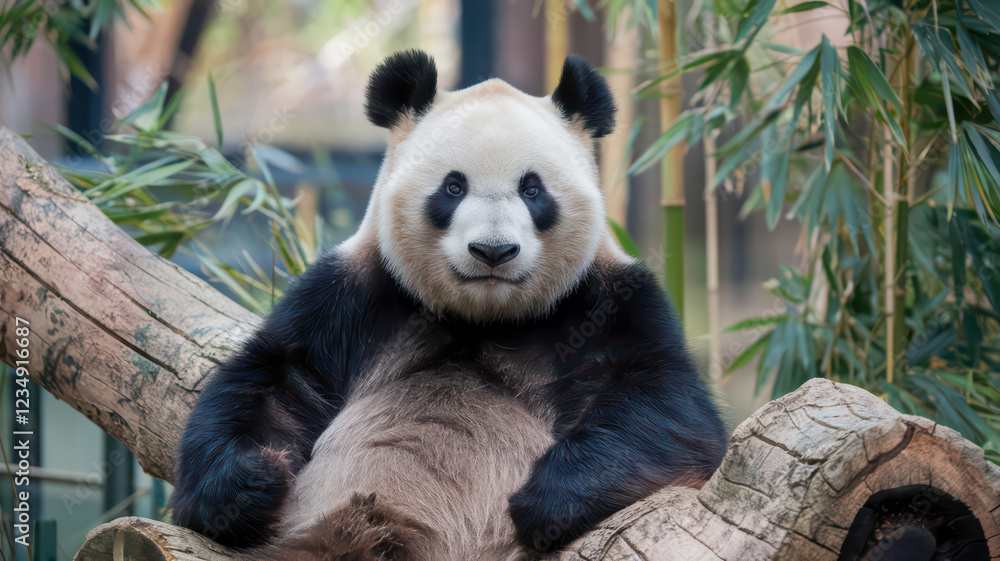 Obraz premium Giant panda relaxing on a log amidst bamboo.
