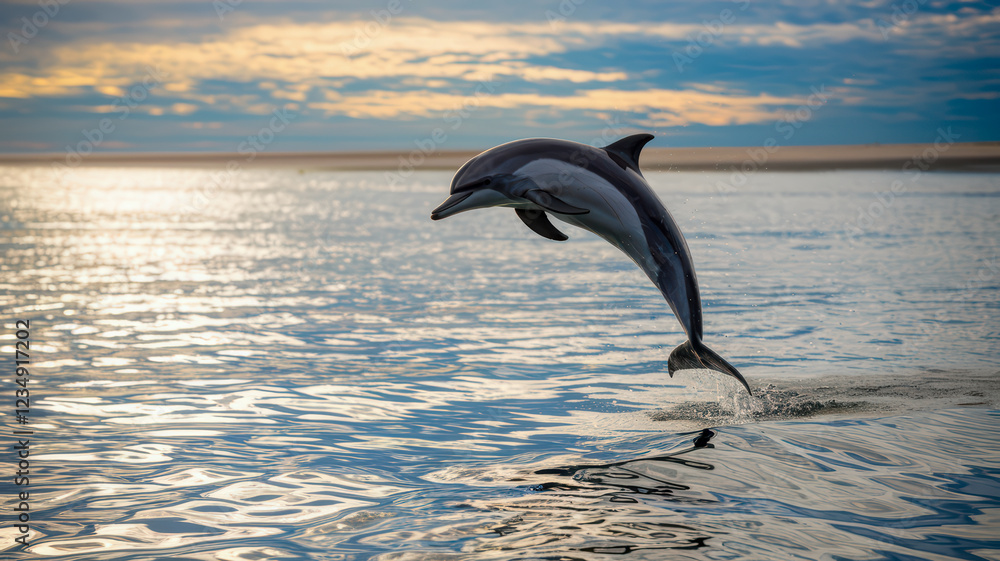 Obraz premium Dolphin leaping from the ocean at sunset.