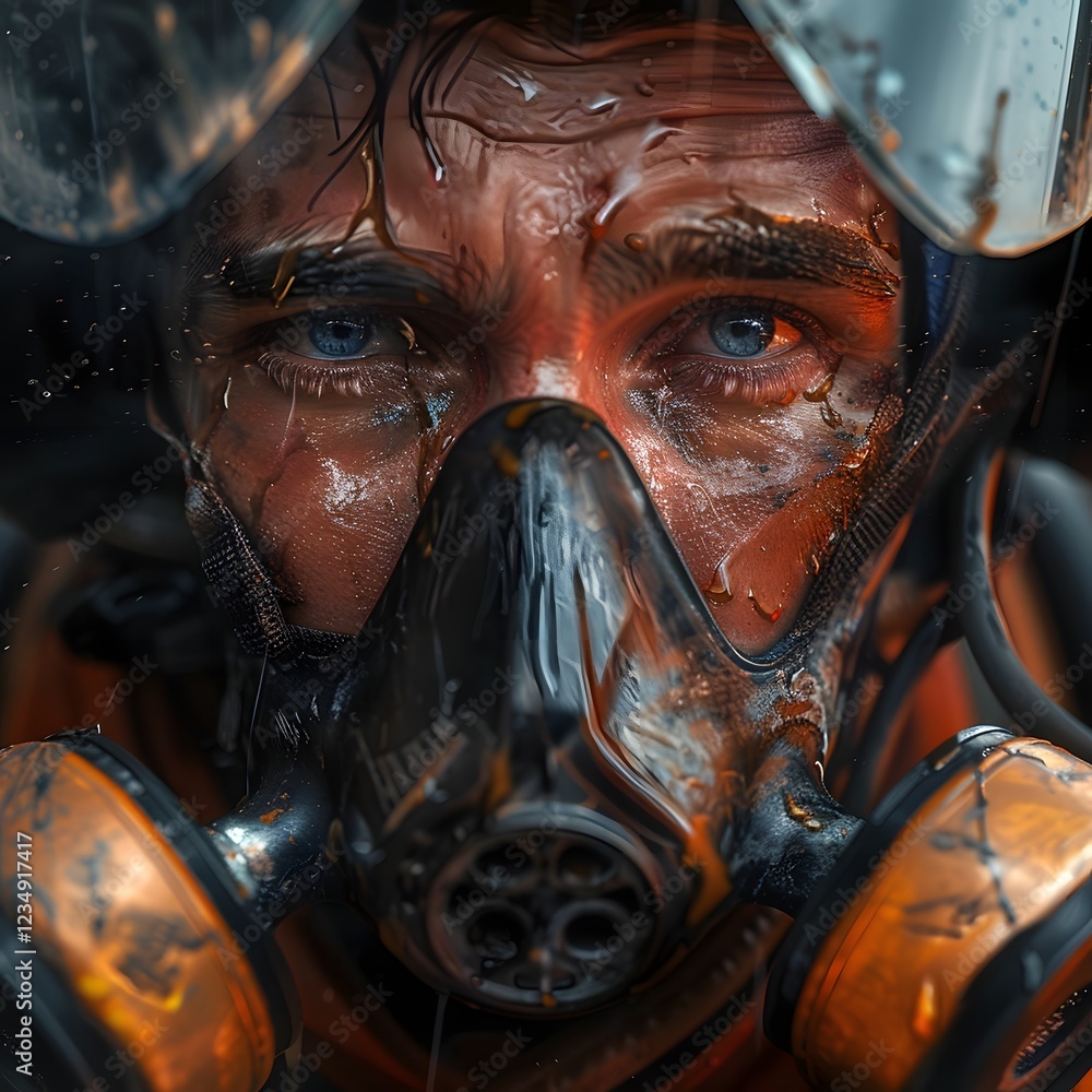 Soot Covered Firefighter Wearing Oxygen Mask with Determined Expression Soot Covered Firefighter Wearing Oxygen Mask with Determined Expression