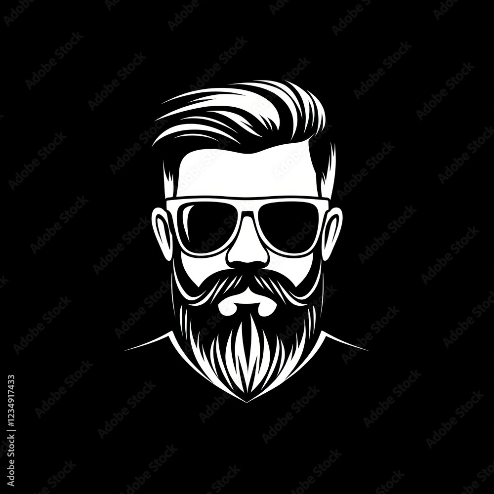 Black and white vector graphic logo of a hipster with a beard, mustache, sunglasses and thick hair on a black background. Black and white vector graphic logo of a hipster with a beard, mustache, sunglasses and thick hair on a black background.