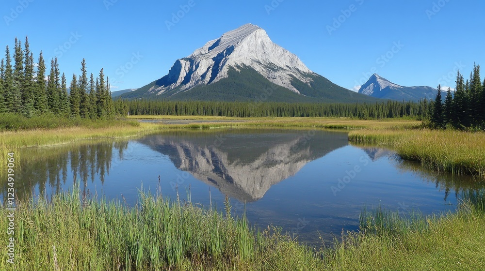 A mountain reflection in a serene pond surrounded by pine trees. A mountain reflection in a serene pond surrounded by pine trees.