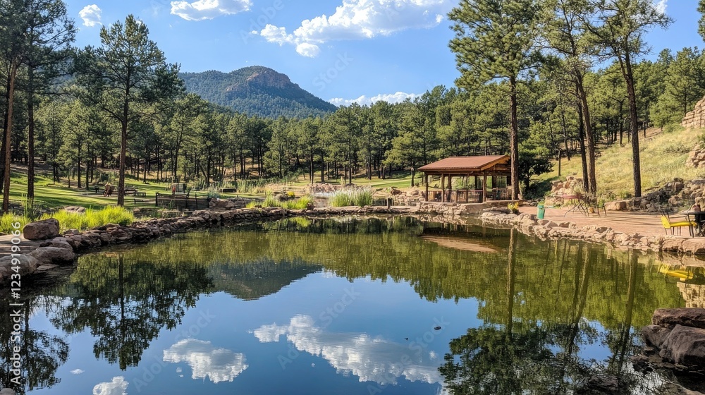 Fototapeta premium A mountain reflection in a serene pond surrounded by pine trees.