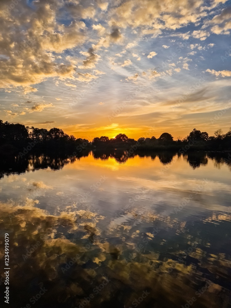 Obraz premium Golden sunset reflecting on calm lake water surface with cloudy sky