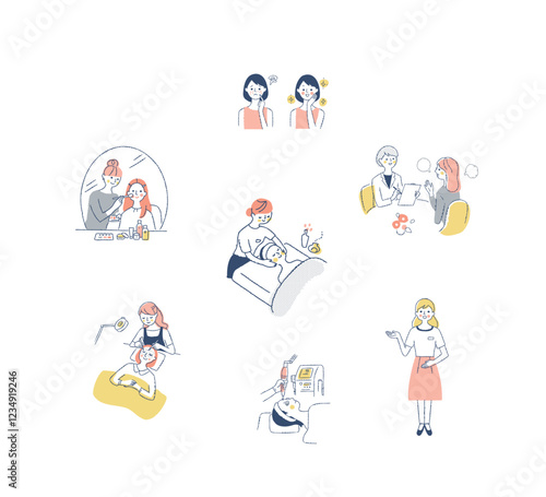  美容・エステサロンのさまざまなシーン　セットダイエット、イラスト、セット、バリエーション、美容、エステ、痩身、肥満、エステサロン、美肌、リラックス、リラクゼーション、女性、若い、カウンセリング、ハンドマッサージ、脂肪、ベクター、ボディメイク、笑顔、人物、白バック、シンプル、イラストレーション、ビフォーアフター、お腹、下着、痩せる、健康、白背景、ボディ、メタボリック、スリム、ボディケア、スキンケア