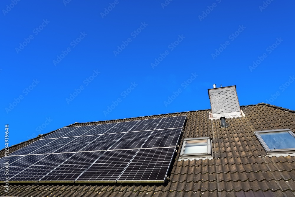Photovoltaic panels providing green energy on a tiled roof under blue sky Photovoltaic panels providing green energy on a tiled roof under blue sky