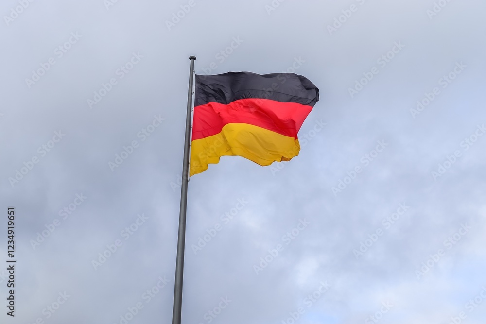 German flag waving on a cloudy sky background German flag waving on a cloudy sky background