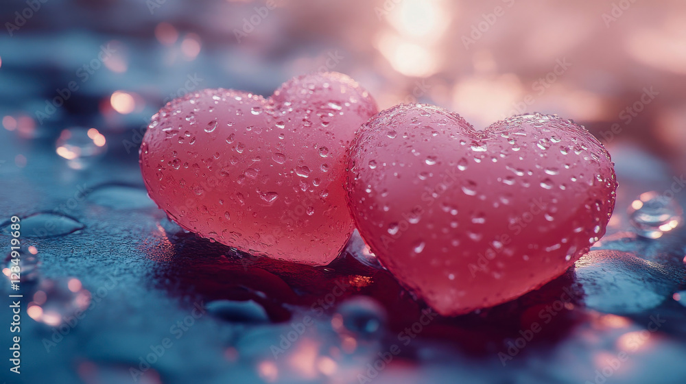 Obraz premium Beautiful glass hearts in pink and amber tones reflect light, creating a romantic and dreamy ambiance, symbolizing love and affection