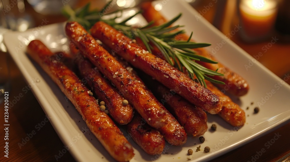 A plate of crispy fried sausages garnished with rosemary and peppercorns. A plate of crispy fried sausages garnished with rosemary and peppercorns.