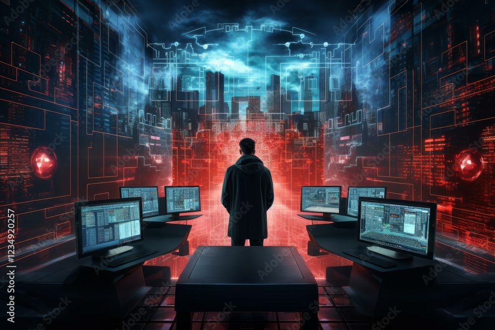 Hacker standing in futuristic control room with multiple computer monitors and holographic projection of a cityscape Hacker standing in futuristic control room with multiple computer monitors and holographic projection of a cityscape
