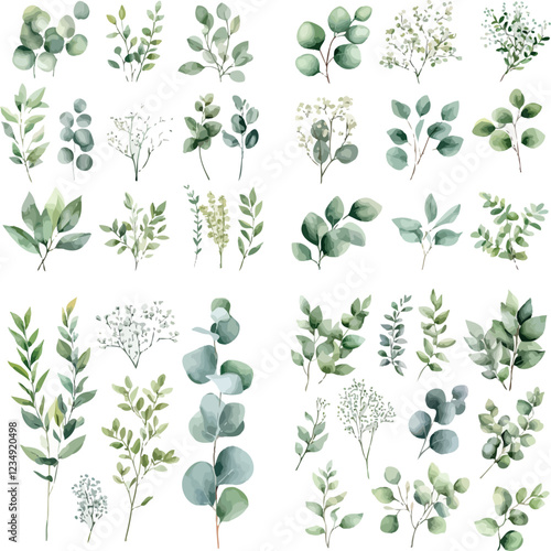 Seth eustoma flowers, buds, eucalyptus branches, berry twigs, gemstone decor. Watercolor hand drawn illustration on white background for design of cards, wedding invitations, background, print, textil