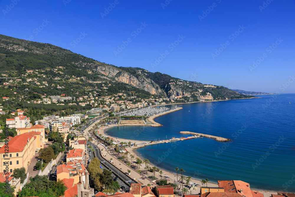 Panoramic Shot of the harbor in Menton, Cote d Azur, France Panoramic Shot of the harbor in Menton, Cote d Azur, France