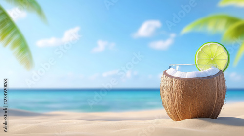 Wallpaper Mural refreshing glass of coconut water served in coconut shell, garnished with lime slice, on sandy beach with beautiful ocean view and palm leaves in background Torontodigital.ca