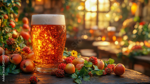 A frosty glass of amber beer with a foamy head sits on a wooden table in a warm, rustic pub setting with soft lighting photo