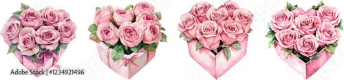 beautiful watercolor illustration of pink roses in heart shaped box, perfect for Valentine Day. vibrant colors and delicate details evoke feelings of love and affection