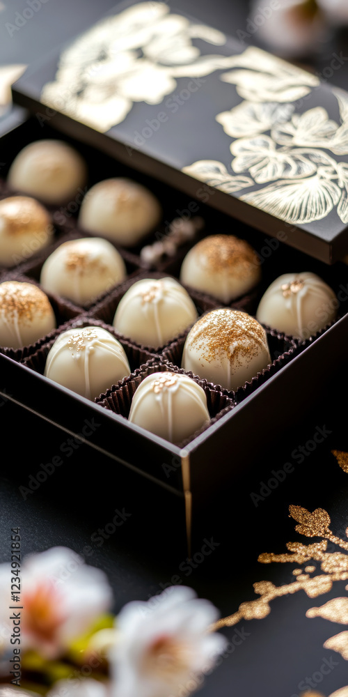 Elegant box of gourmet white chocolates with artistic floral design luxurious treat aesthetic Elegant box of gourmet white chocolates with artistic floral design luxurious treat aesthetic