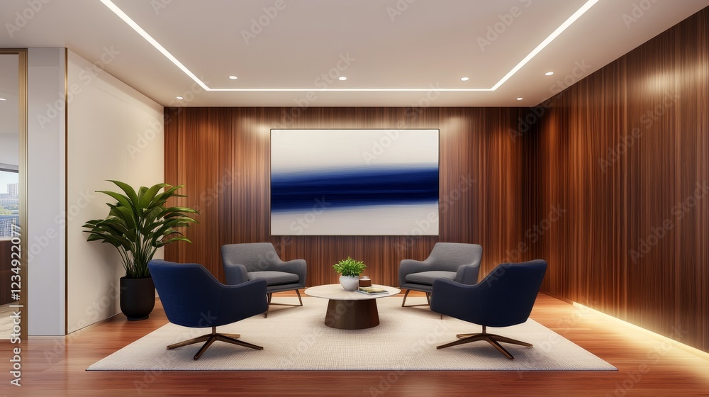 Fototapeta premium Modern lounge area featuring stylish chairs, a coffee table, and abstract art against wood paneling