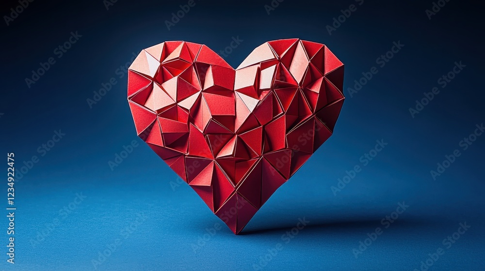 Origami heart sculpture in red on a blue background. Origami heart sculpture in red on a blue background.