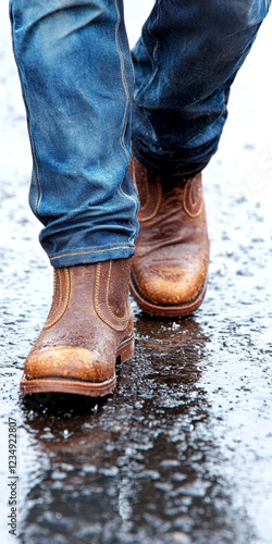 Worn leather boots in rain with denim jeans on wet pavement rugged outdoor adventure concept photo