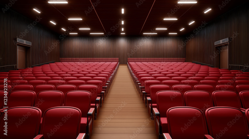 Fototapeta premium spacious auditorium with red seating and wooden walls, designed for presentations and performances, creating inviting atmosphere for audiences