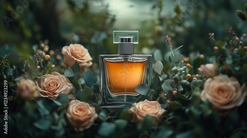 Rose perfume bottle and bouquet