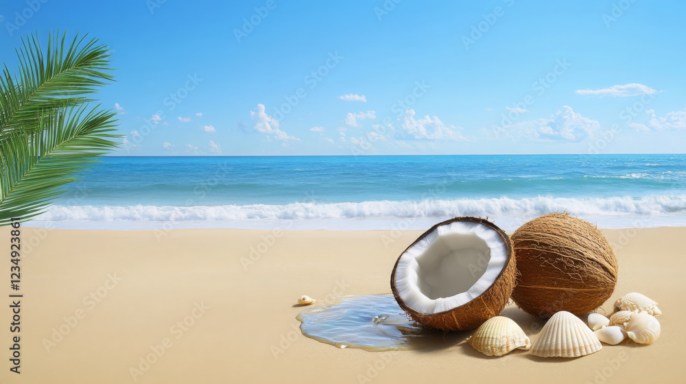 tropical beach scene featuring split coconut, seashells, and serene ocean view. vibrant blue sky and gentle waves create relaxing atmosphere, perfect for getaway tropical beach scene featuring split coconut, seashells, and serene ocean view. vibrant blue sky and gentle waves create relaxing atmosphere, perfect for getaway