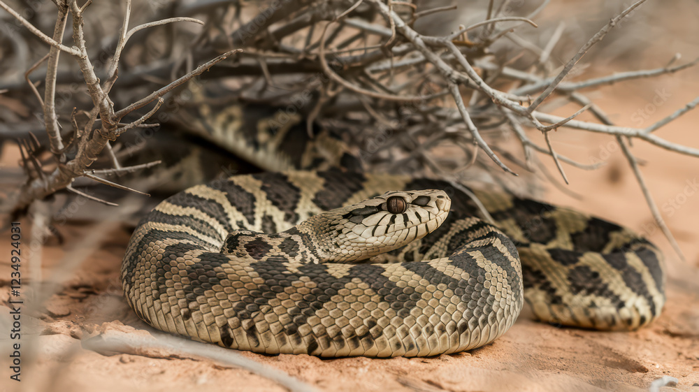 Fototapeta premium Desert snake coiled beneath desert brush