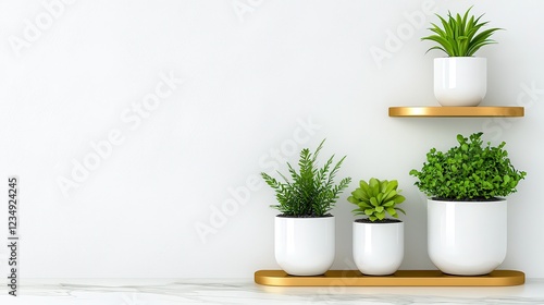 Wallpaper Mural Modern minimalist indoor plant display with white pots and wooden shelf in a bright contemporary setting Torontodigital.ca