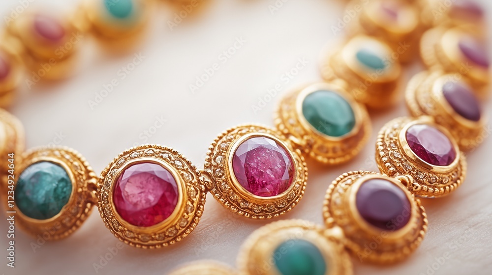 Close up of Ruby, Emerald, and Gold Necklace Close up of Ruby, Emerald, and Gold Necklace