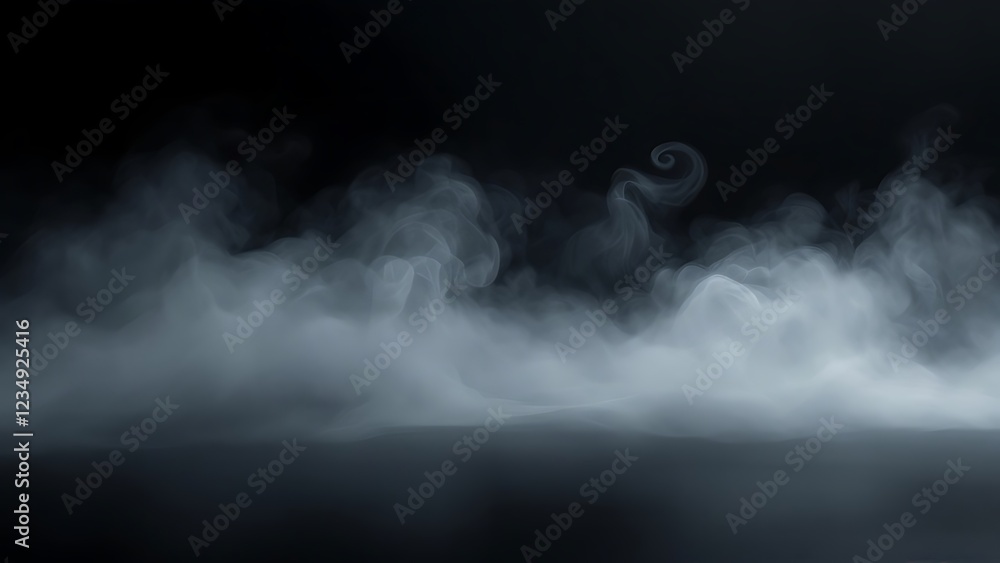 Obraz premium Dry ice smoke clouds fog floor texture. Perfect spotlight mist effect on isolated black background.