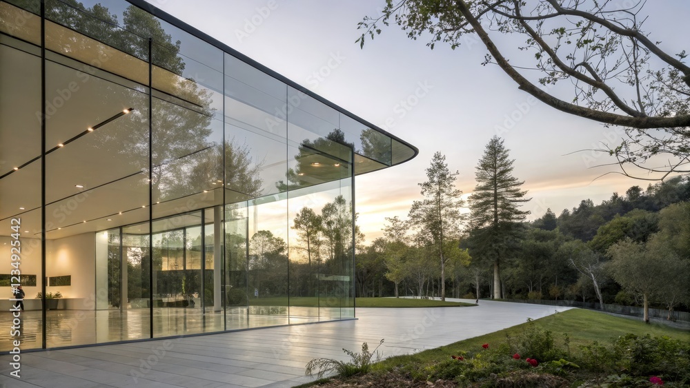 Glass Pavilion Sunset Reflection Modern Architecture, Landscape Design, Minimalist Composition, Nature's Mirror Architectural Photography, Modern Design Glass Pavilion Sunset Reflection Modern Architecture, Landscape Design, Minimalist Composition, Nature's Mirror Architectural Photography, Modern Design