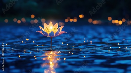 Thai Buddhist Holiday: Magical Water Lily Lanterns for Loy Krathong Ceremony on River with Flowers and Candles as Background