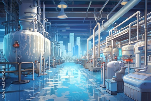 Water treatment plant processing and filtering, with pipes, tanks, machinery, and a city skyline in the background photo