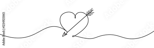 Heart pierced by an arrow. Continuous line love and arrows. Vector illustration.