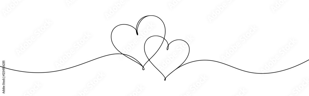 Two hearts. Continuous line drawing. Banner for valentine's day. Abstract hearts. Vector illustration. Two hearts. Continuous line drawing. Banner for valentine's day. Abstract hearts. Vector illustration.