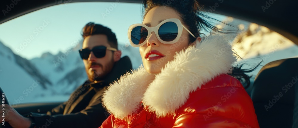 Obraz premium Stylish white woman with red puffer jacket and sunglasses in car with man driving, enjoying a winter road trip with snowy mountains in the background Concept of travel, luxury, and adventure