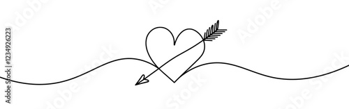Heart pierced by an arrow. Continuous line love and arrows. Vector illustration.