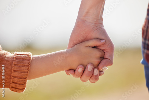 Fotografie Agriculture, holding hands and walking with family on farm together for conservation or sustainability