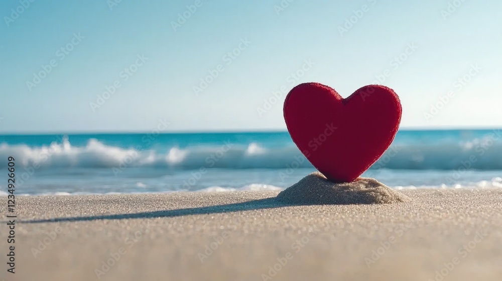 Red heart on sandy beach with ocean waves in the background. Red heart on sandy beach with ocean waves in the background.