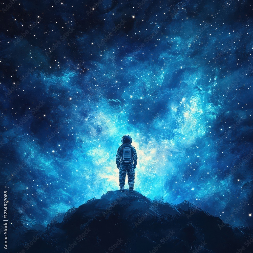 Astronaut Contemplates Vast Celestial Nebula From Mountain Peak Astronaut Contemplates Vast Celestial Nebula From Mountain Peak