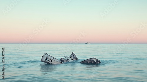 Broken airplane parts float serenely on the calm ocean during a tranquil sunset in an undeveloped area. Generative AI photo