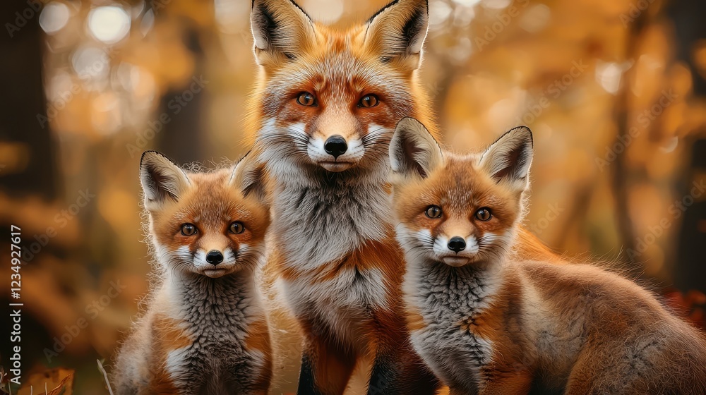 Fototapeta premium Red Fox Family in Autumnal Woodland Habitat