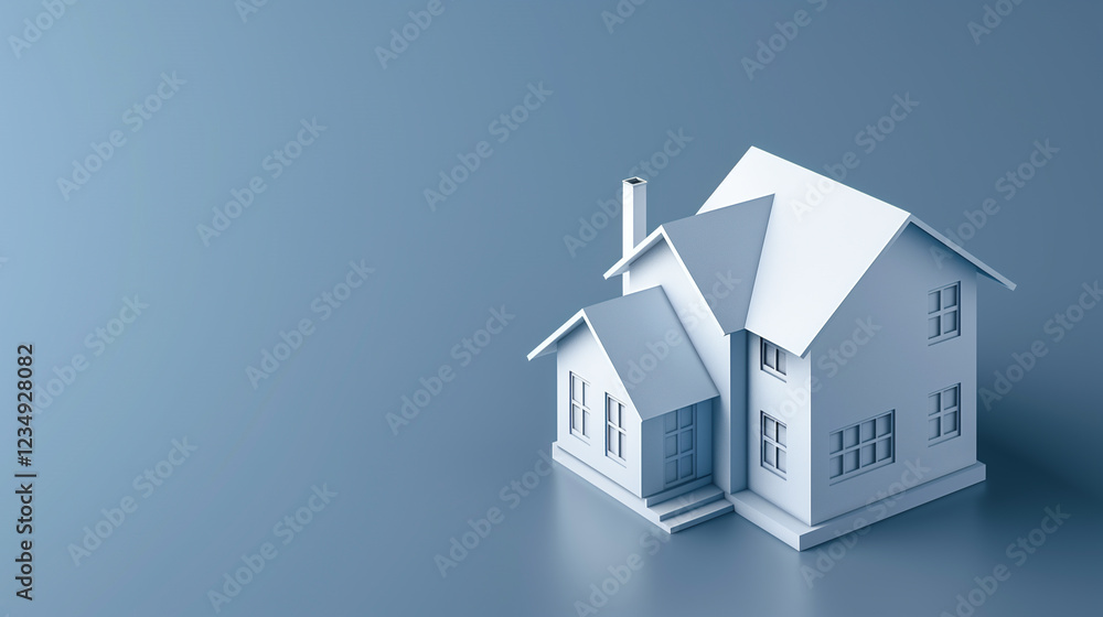 Minimalist 3D rendering of a white house model on a blue background. Minimalist 3D rendering of a white house model on a blue background.