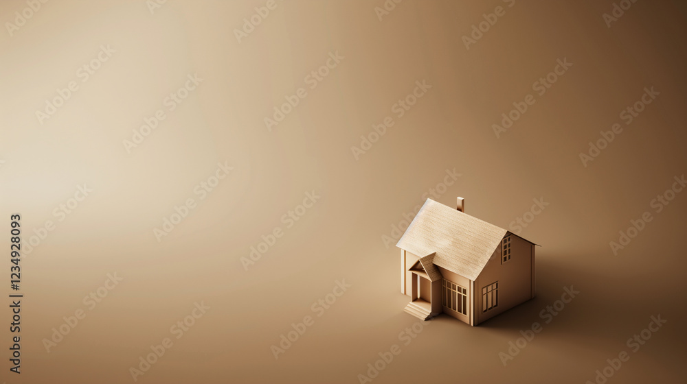 Obraz premium A small wooden house model on a beige background, symbolizing real estate or home ownership.