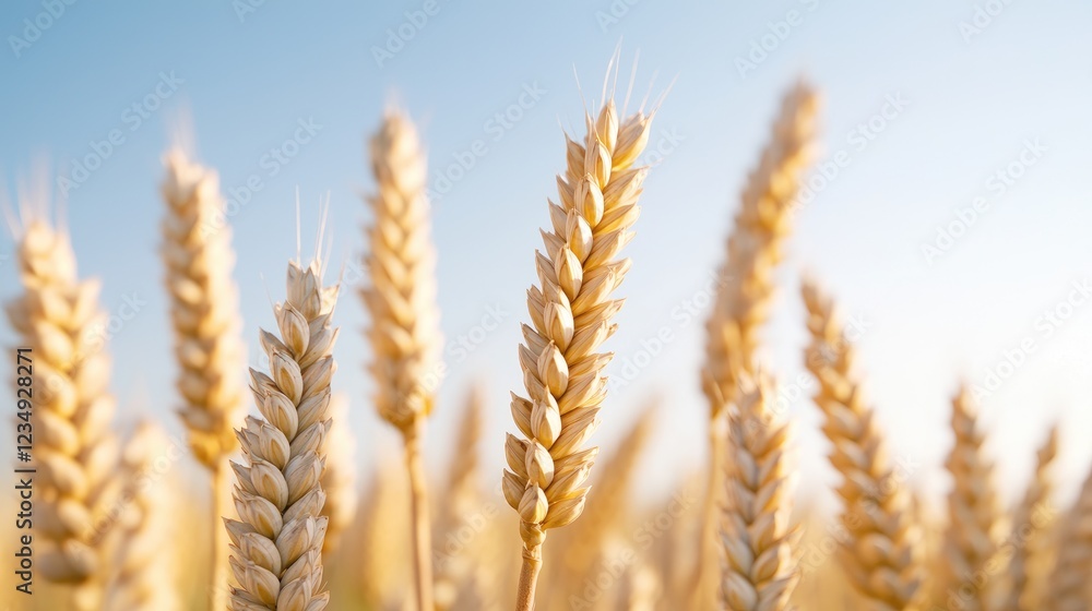 Golden wheat field, sunlit, ripe harvest, clear sky, agricultural abundance Golden wheat field, sunlit, ripe harvest, clear sky, agricultural abundance