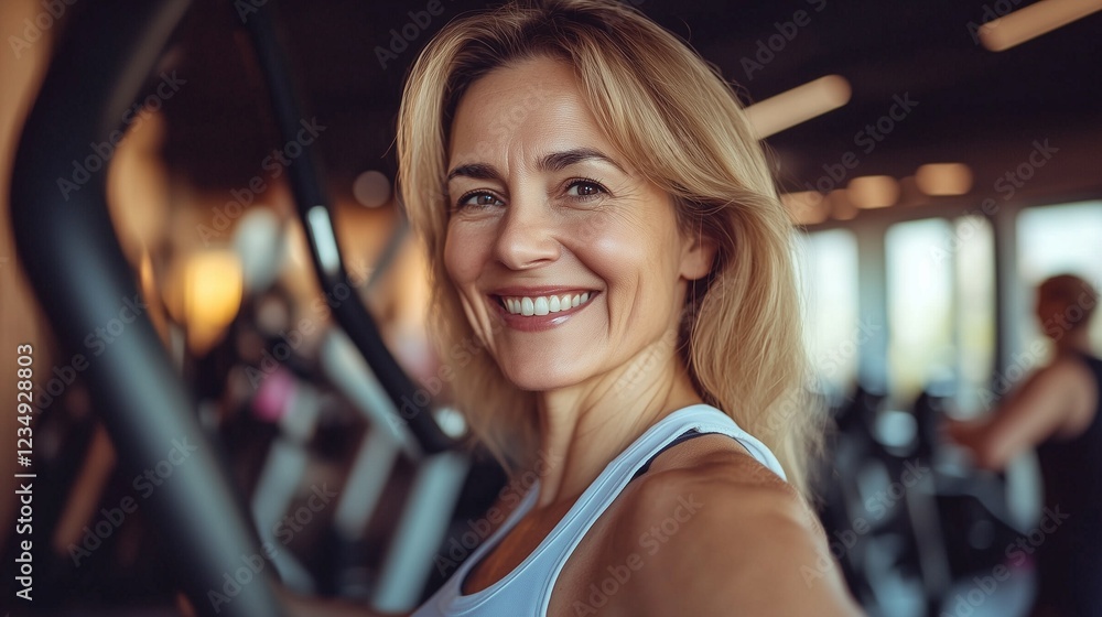 Obraz premium Cheerful mid-age lady at the gym, enjoying her workout with a bright smile. A perfect fitness portrait showcasing confidence, health, and motivation.