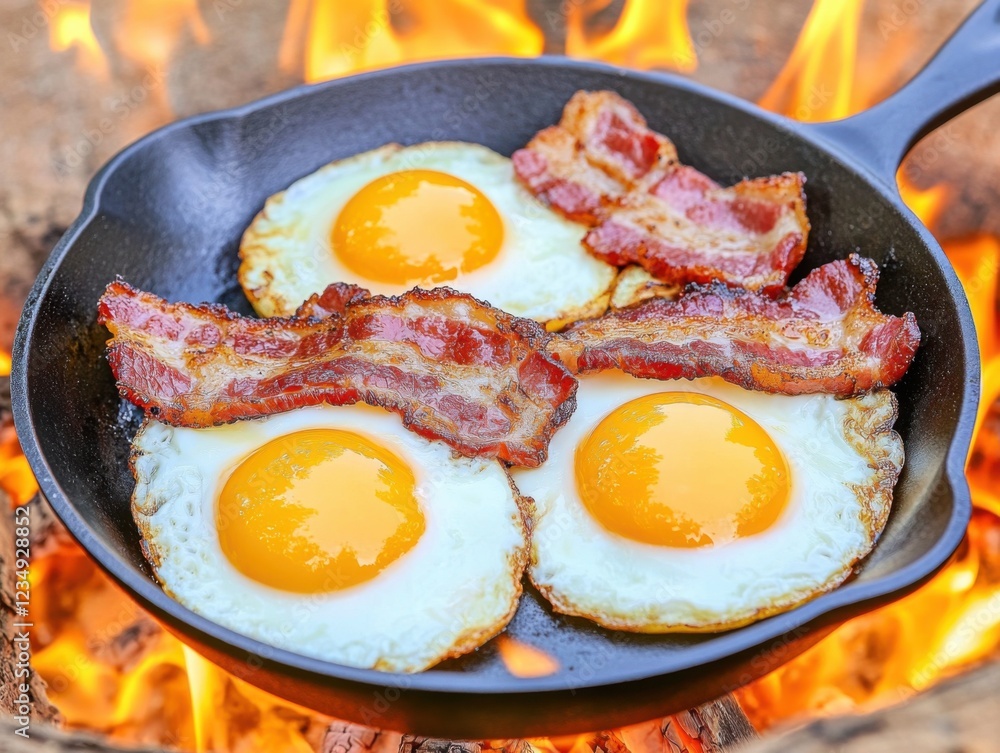 A sizzling camping breakfast with fried eggs and crispy bacon in a cast iron skillet over an open flame, capturing the outdoor cooking experience. A sizzling camping breakfast with fried eggs and crispy bacon in a cast iron skillet over an open flame, capturing the outdoor cooking experience.