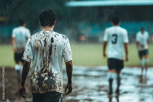 Soaked in rain and mud, a defeated soccer player walks off the ground in despair, reflecting on a tough football match under stadium lights. photo