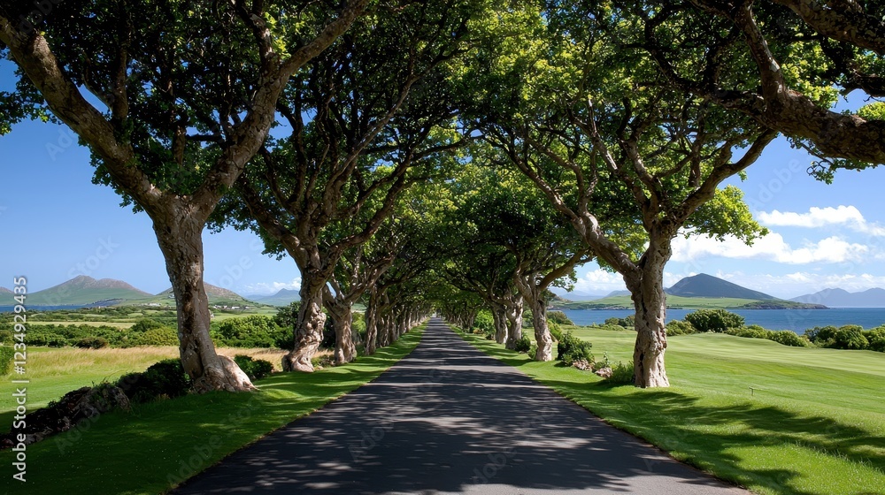 Scenic Tree-Lined Road in a Lush Green Landscape Under a Bright Blue Sky with Tranquil Water Views Scenic Tree-Lined Road in a Lush Green Landscape Under a Bright Blue Sky with Tranquil Water Views