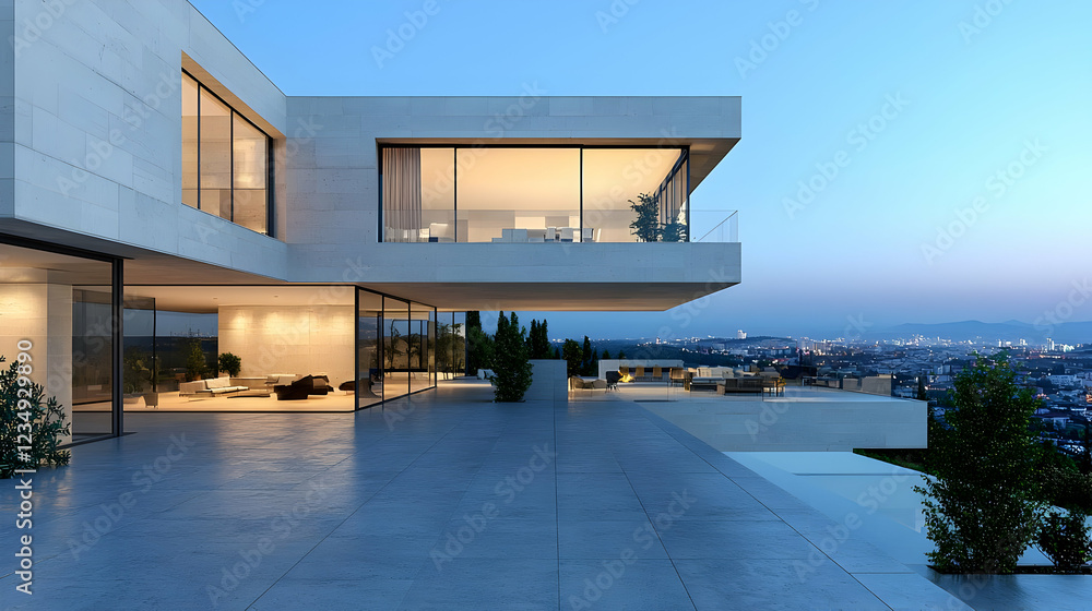 Fototapeta premium Modern luxury villa with large glass windows and a spacious concrete terrace overlooks a city at twilight.